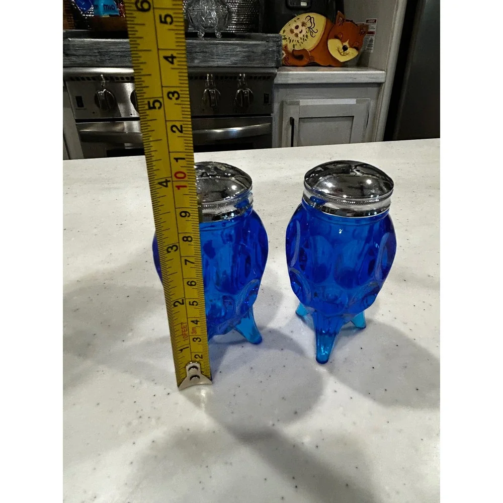 Vintage Cobalt Blue Glass Salt and Pepper Shakers Footed Thumbprint Pattern 4